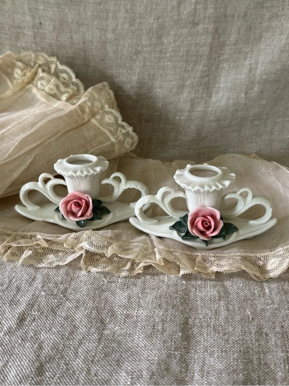 Karl Ens Germany vintage pink roses porcelain candleholders